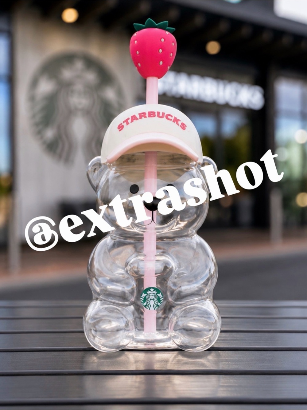 Starbucks Clear Bear Tumbler with Pink Straw and Red Strawberry Top